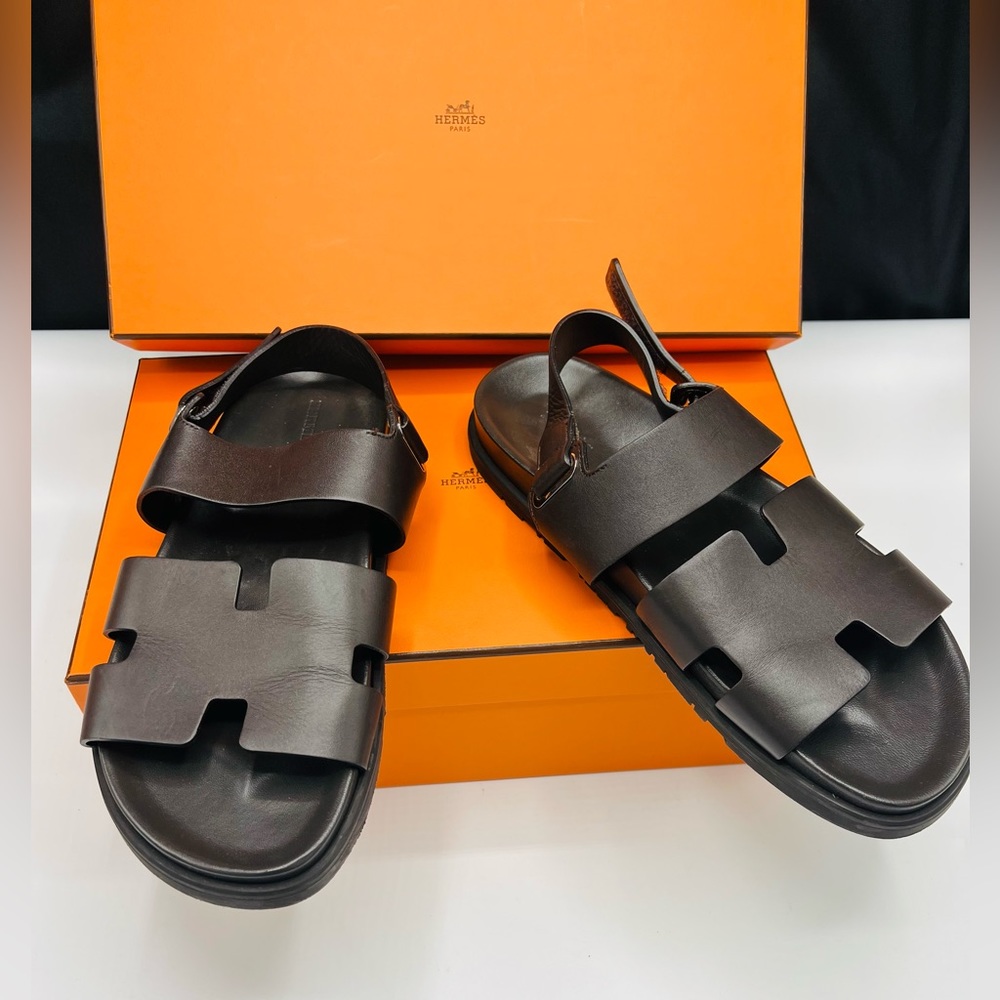 HERMES Takara calfskin mens sandals ebene brown size 44